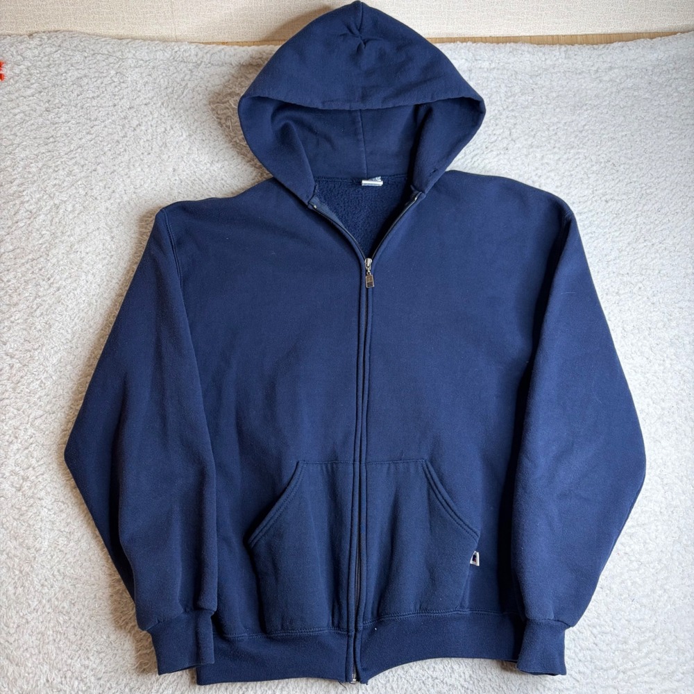 Vintage Russell Athletic Zip Up Hoodie Navy Blue Made in USA Mens Large